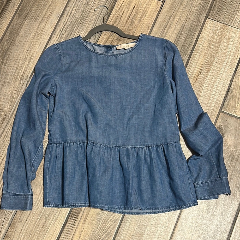 LOFT Blue Denim Long Sleeve Blouse